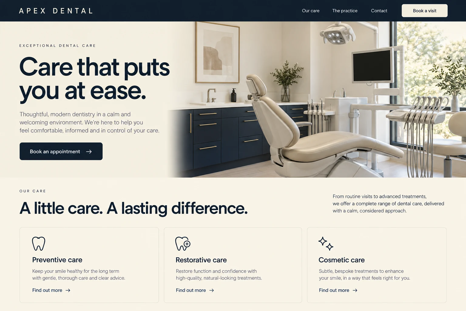 Apex Dental website concept with appointment booking and care services