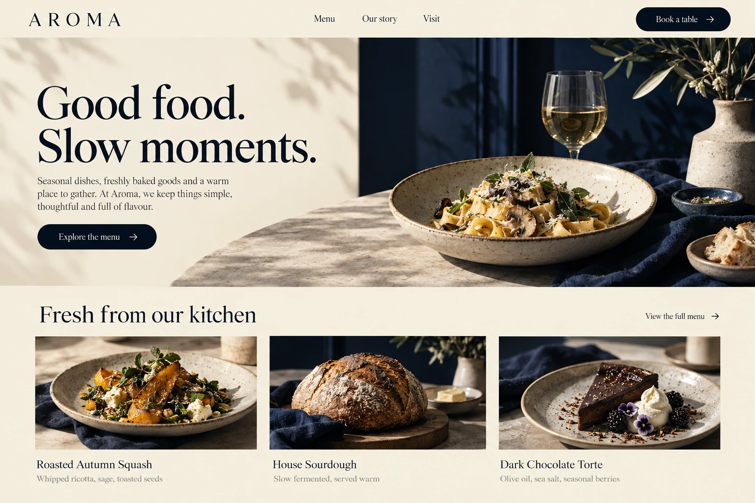 Aroma restaurant website concept with menu, food photography and table booking